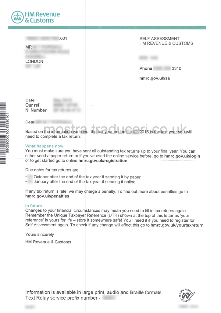 Traduceri  scrisori sau documente oficiale eliberate de HMRC King's Cross
